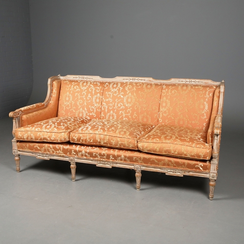 251 - LOUIS XVI STYLE LIMED BEECHWOOD CANAPE. orange damask upholstered, 83cm H x 180cm W x 82cm D.