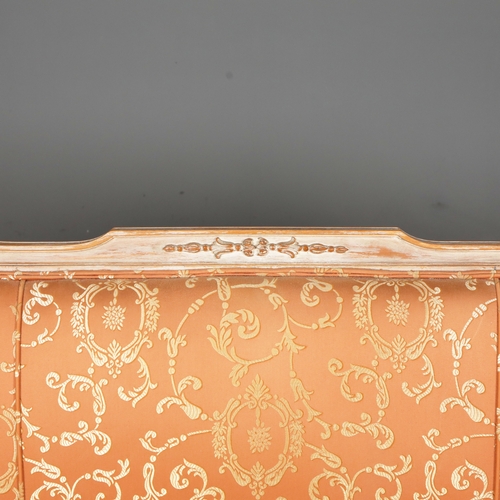 251 - LOUIS XVI STYLE LIMED BEECHWOOD CANAPE. orange damask upholstered, 83cm H x 180cm W x 82cm D.