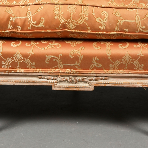 251 - LOUIS XVI STYLE LIMED BEECHWOOD CANAPE. orange damask upholstered, 83cm H x 180cm W x 82cm D.