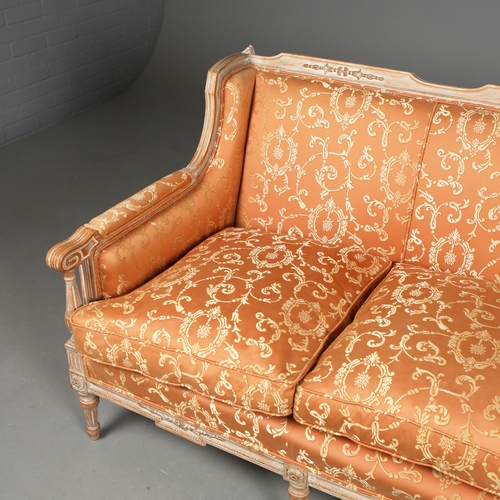 251 - LOUIS XVI STYLE LIMED BEECHWOOD CANAPE. orange damask upholstered, 83cm H x 180cm W x 82cm D.