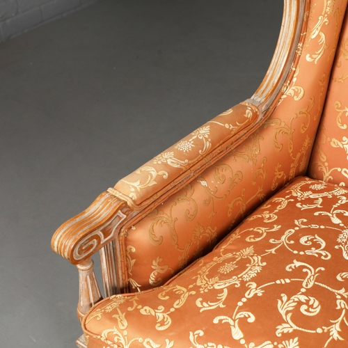 251 - LOUIS XVI STYLE LIMED BEECHWOOD CANAPE. orange damask upholstered, 83cm H x 180cm W x 82cm D.
