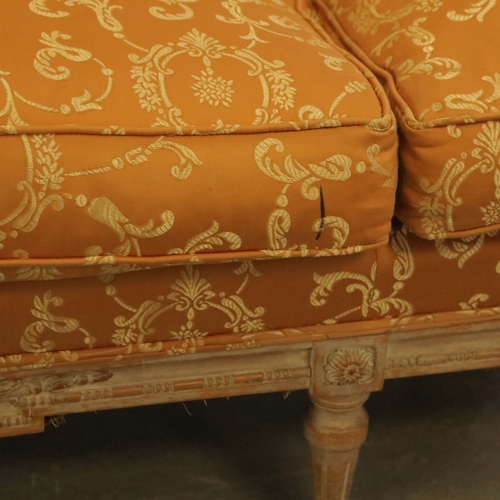251 - LOUIS XVI STYLE LIMED BEECHWOOD CANAPE. orange damask upholstered, 83cm H x 180cm W x 82cm D.