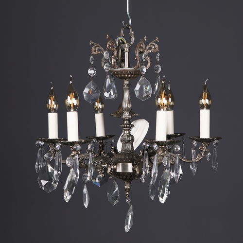 256 - FRENCH CHANDELIER. 6 branch light, metal frame glass droplet detail, 80cm drop approx.