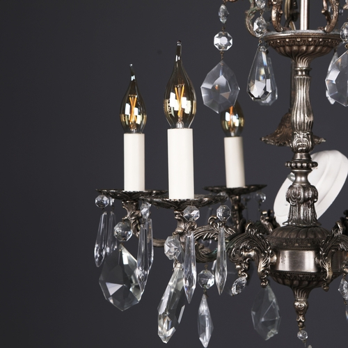 256 - FRENCH CHANDELIER. 6 branch light, metal frame glass droplet detail, 80cm drop approx.