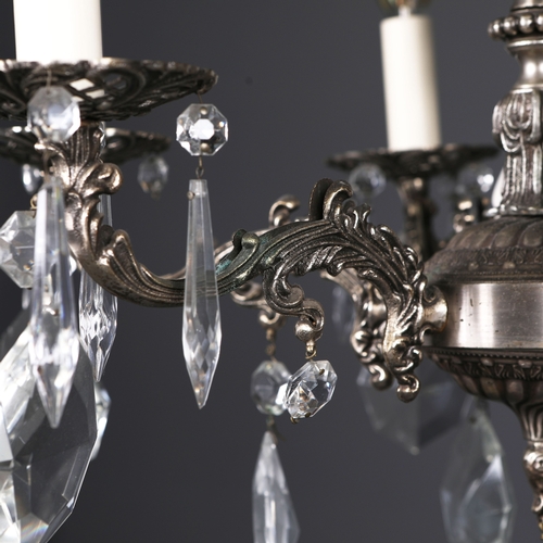 256 - FRENCH CHANDELIER. 6 branch light, metal frame glass droplet detail, 80cm drop approx.
