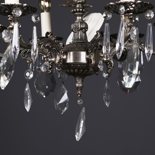 256 - FRENCH CHANDELIER. 6 branch light, metal frame glass droplet detail, 80cm drop approx.