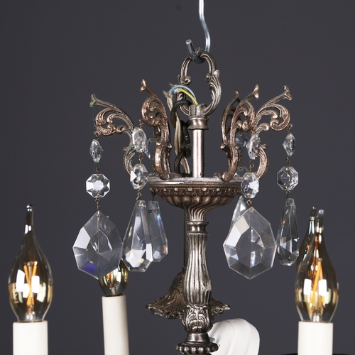 256 - FRENCH CHANDELIER. 6 branch light, metal frame glass droplet detail, 80cm drop approx.
