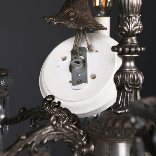 256 - FRENCH CHANDELIER. 6 branch light, metal frame glass droplet detail, 80cm drop approx.