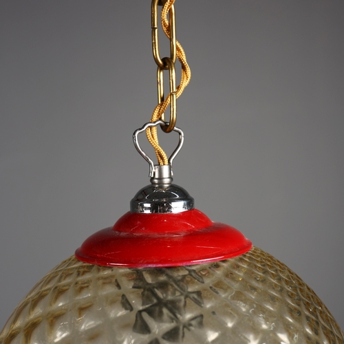 260 - 1970s ITALIAN RED METAL AND PRESSED GLASS GLOBE SHADE. 30cm H x 30cm W x 55cm Drop.