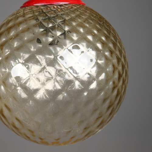 260 - 1970s ITALIAN RED METAL AND PRESSED GLASS GLOBE SHADE. 30cm H x 30cm W x 55cm Drop.