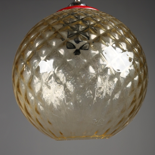 260 - 1970s ITALIAN RED METAL AND PRESSED GLASS GLOBE SHADE. 30cm H x 30cm W x 55cm Drop.