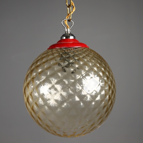 260 - 1970s ITALIAN RED METAL AND PRESSED GLASS GLOBE SHADE. 30cm H x 30cm W x 55cm Drop.