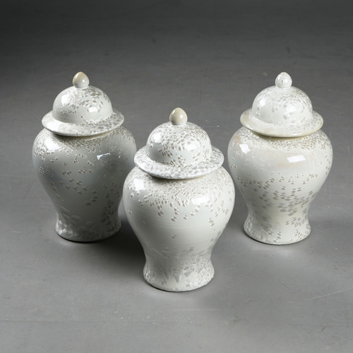262 - TEMPLE JARS, A SET OF 3. ceramic, contemporary design, 46cm H each approx. (3).