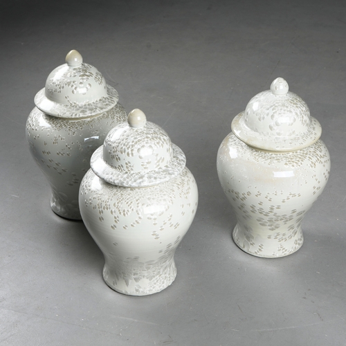 262 - TEMPLE JARS, A SET OF 3. ceramic, contemporary design, 46cm H each approx. (3).