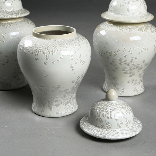 262 - TEMPLE JARS, A SET OF 3. ceramic, contemporary design, 46cm H each approx. (3).