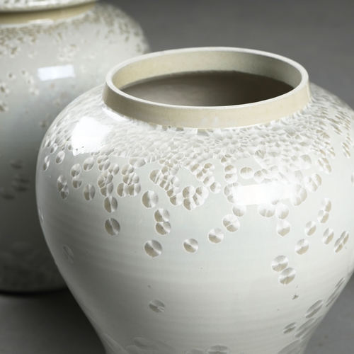 262 - TEMPLE JARS, A SET OF 3. ceramic, contemporary design, 46cm H each approx. (3).