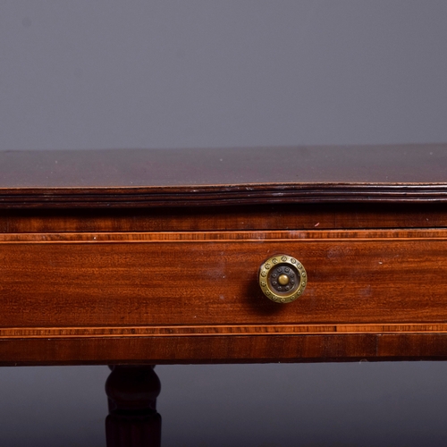 266 - SOFA TABLE. Regency mahogany and rosewood crossbanded, with two drop leaves, two frieze drawers with... 