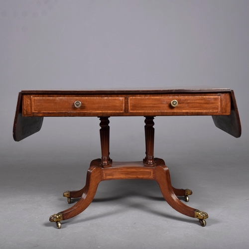 266 - SOFA TABLE. Regency mahogany and rosewood crossbanded, with two drop leaves, two frieze drawers with... 