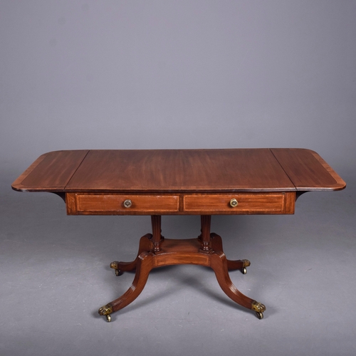266 - SOFA TABLE. Regency mahogany and rosewood crossbanded, with two drop leaves, two frieze drawers with... 