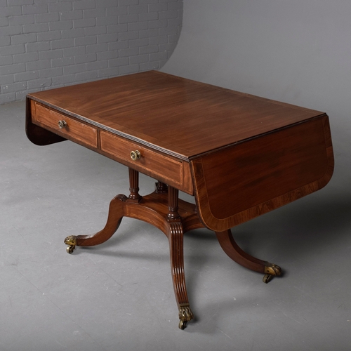 266 - SOFA TABLE. Regency mahogany and rosewood crossbanded, with two drop leaves, two frieze drawers with... 