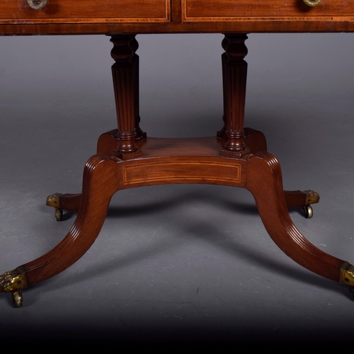 266 - SOFA TABLE. Regency mahogany and rosewood crossbanded, with two drop leaves, two frieze drawers with... 