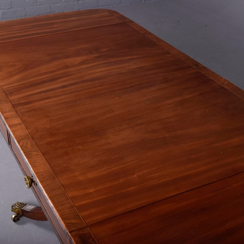 266 - SOFA TABLE. Regency mahogany and rosewood crossbanded, with two drop leaves, two frieze drawers with... 