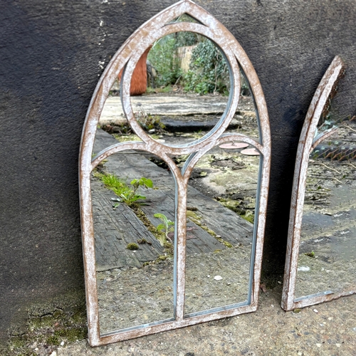 267 - SET OF SIX ARCHITECTURAL GARDEN MIRRORS WITH ARCHED METAL FRAMES. 42cm H x 25cm W.