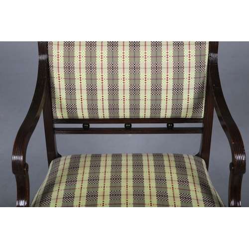 269 - GEORGIAN STYLE MAHOGANY OPEN ARMCHAIR. With a checked seat, reeded supports and shaped cross stretch... 