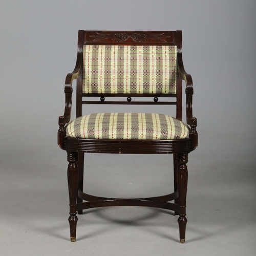 269 - GEORGIAN STYLE MAHOGANY OPEN ARMCHAIR. With a checked seat, reeded supports and shaped cross stretch... 