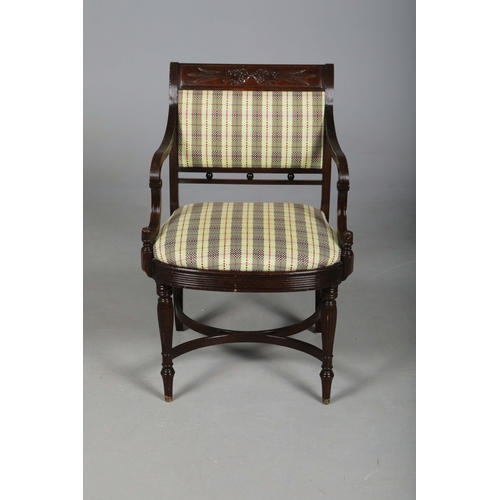 269 - GEORGIAN STYLE MAHOGANY OPEN ARMCHAIR. With a checked seat, reeded supports and shaped cross stretch... 