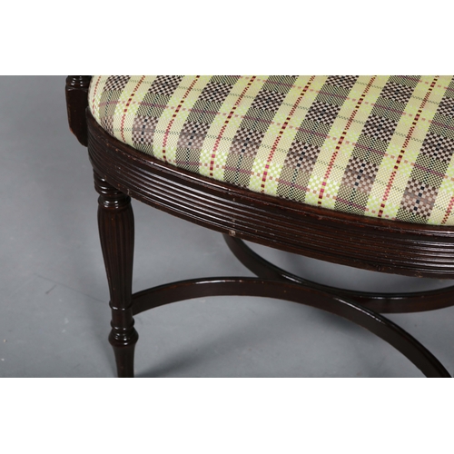269 - GEORGIAN STYLE MAHOGANY OPEN ARMCHAIR. With a checked seat, reeded supports and shaped cross stretch... 