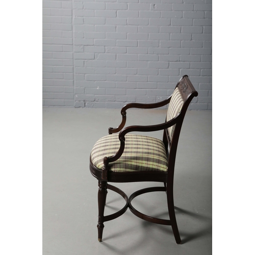 269 - GEORGIAN STYLE MAHOGANY OPEN ARMCHAIR. With a checked seat, reeded supports and shaped cross stretch... 