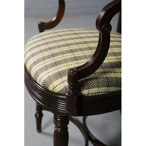 269 - GEORGIAN STYLE MAHOGANY OPEN ARMCHAIR. With a checked seat, reeded supports and shaped cross stretch... 