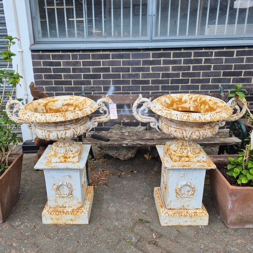 271 - CAMPANA STYLE GARDEN URNS ON STANDS, A PAIR. cast metal, each 98cm H at tallest approx. (2).