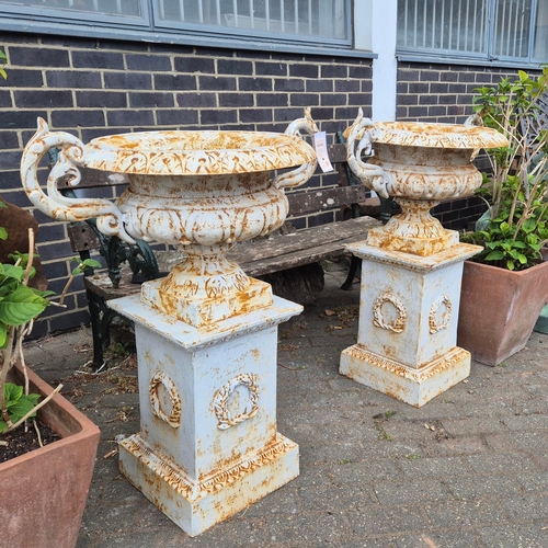 271 - CAMPANA STYLE GARDEN URNS ON STANDS, A PAIR. cast metal, each 98cm H at tallest approx. (2).
