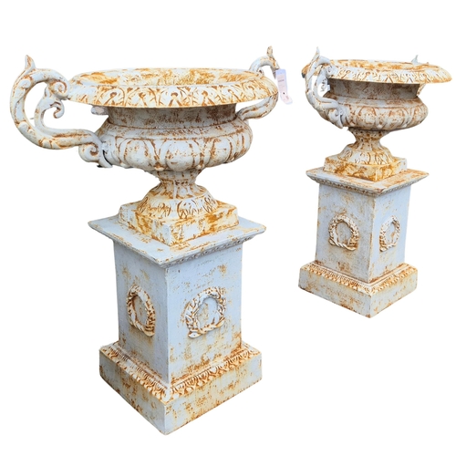 271 - CAMPANA STYLE GARDEN URNS ON STANDS, A PAIR. cast metal, each 98cm H at tallest approx. (2).