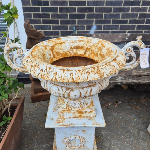 271 - CAMPANA STYLE GARDEN URNS ON STANDS, A PAIR. cast metal, each 98cm H at tallest approx. (2).