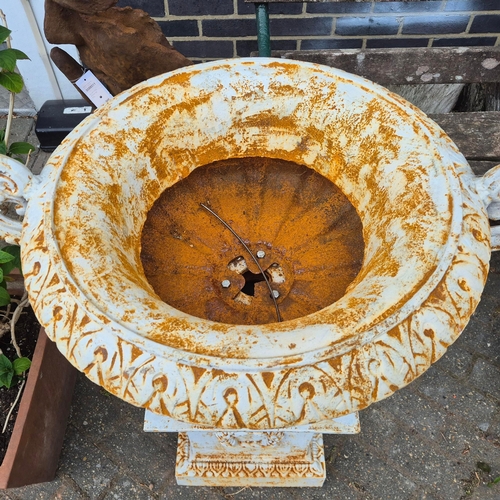 271 - CAMPANA STYLE GARDEN URNS ON STANDS, A PAIR. cast metal, each 98cm H at tallest approx. (2).