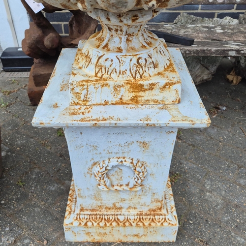 271 - CAMPANA STYLE GARDEN URNS ON STANDS, A PAIR. cast metal, each 98cm H at tallest approx. (2).