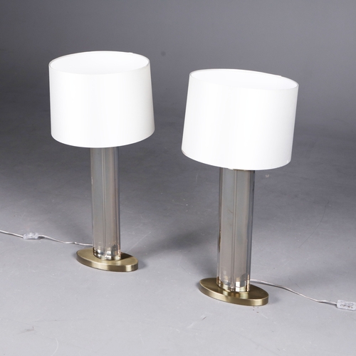 280 - TABLE LAMPS, A PAIR. translucent columns and white shades each overall 75cm t (2).