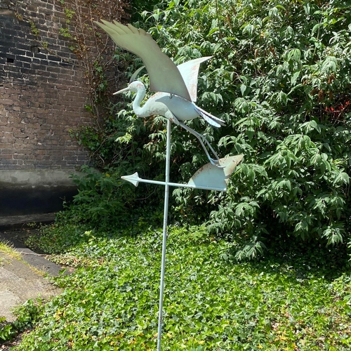 282 - FLYING CRANE WEATHER VANE IN VERDIGRIS FINISH METAL. 160cm H x 87cm W x 60cm D.