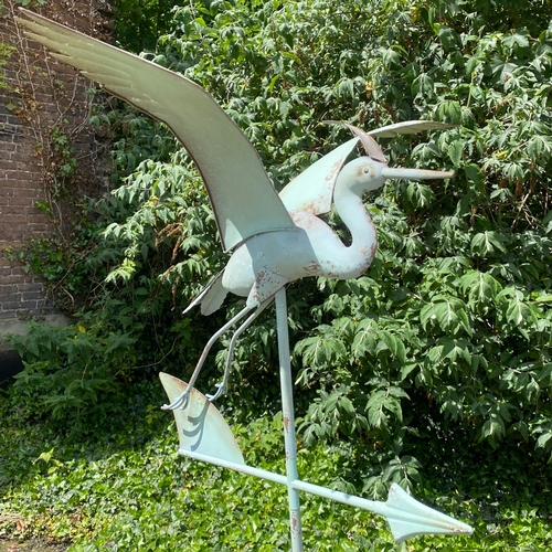 282 - FLYING CRANE WEATHER VANE IN VERDIGRIS FINISH METAL. 160cm H x 87cm W x 60cm D.