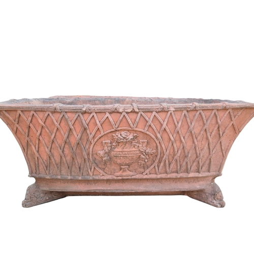 283 - FAUX TERRACOTTA TROUGH PLANTERS, A PAIR. lattice detail, 117cm x 54cm x 54cm each approx. (2) CITES ... 
