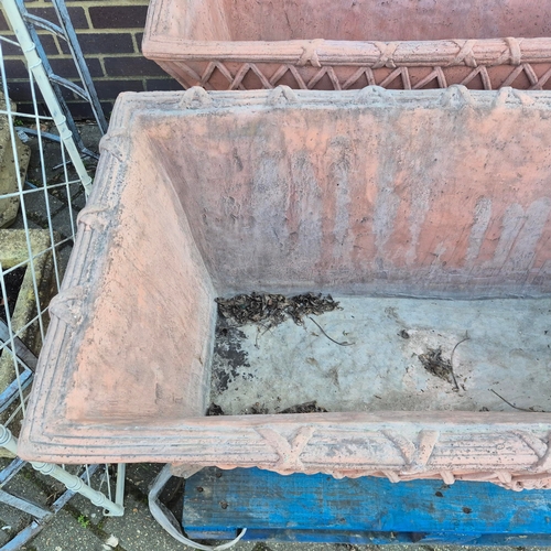 283 - FAUX TERRACOTTA TROUGH PLANTERS, A PAIR. lattice detail, 117cm x 54cm x 54cm each approx. (2) CITES ... 
