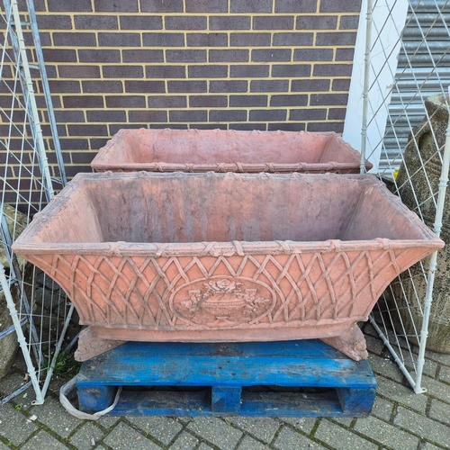 283 - FAUX TERRACOTTA TROUGH PLANTERS, A PAIR. lattice detail, 117cm x 54cm x 54cm each approx. (2) CITES ... 