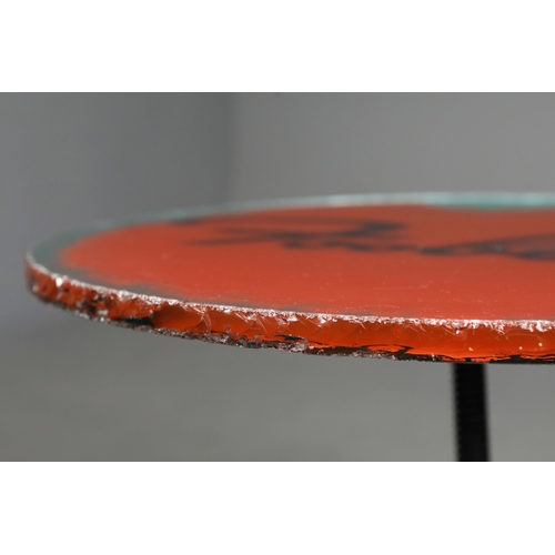 296 - CUSTOM SIDE TABLE WITH GLASS TOP ON INDUSTRIAL CAST IRON BASE. 64cm H x 60cm W.