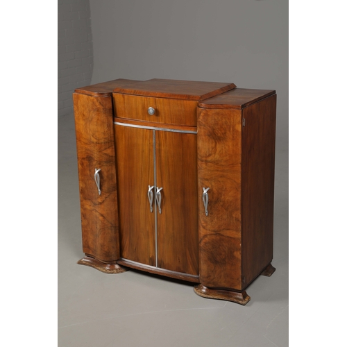 297 - 1930S FRENCH COCKTAIL CABINET. bur wood, various compartments, 90cm x 41.5cm x 89cm at smallest appr... 