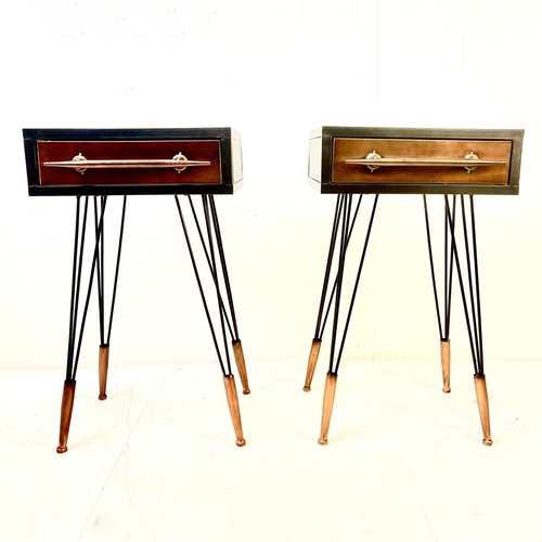 298 - PAIR METAL BEDSIDE TABLES WITH SINGLE DRAWERS. 60cm H x 40cm W x 30cm D.