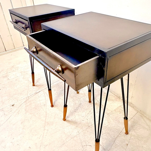 298 - PAIR METAL BEDSIDE TABLES WITH SINGLE DRAWERS. 60cm H x 40cm W x 30cm D.