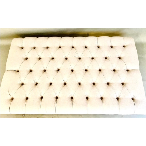306 - LARGE HEARTH STOOL WITH NEUTRAL DEEP BUTTONED LINEN UPHOLSTERY ON TURNED SUPPORTS. 34cm H x 150cm W ... 